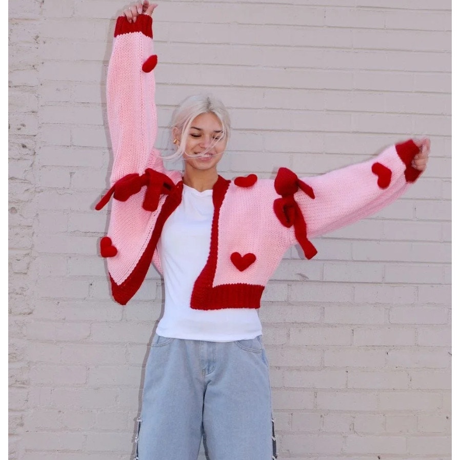 Mure + Grand Pink Red Follow Your Heart Puff Open Cardigan S/M — image 2 of 7